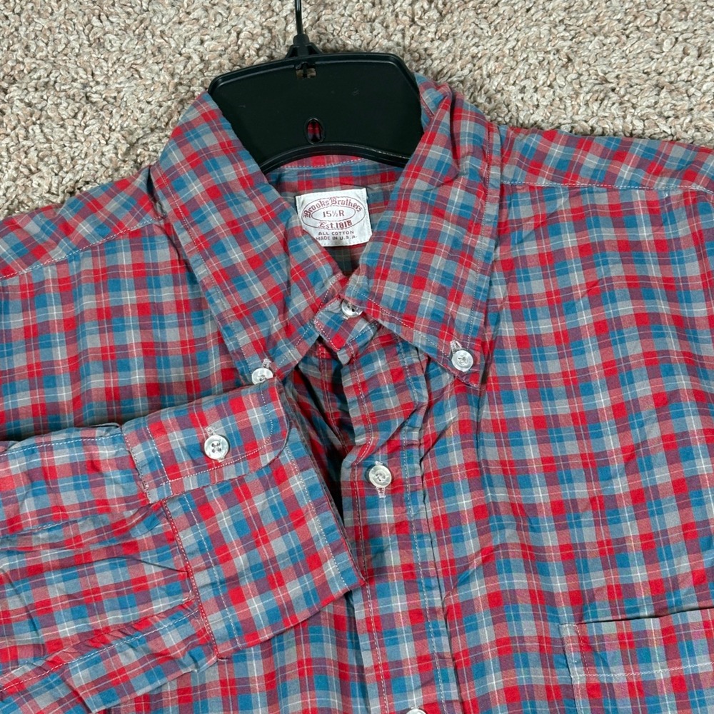 Brooks Brothers Mens Plaid Button Down Shirt Red Blue Cotton Made in USA 15.5 R